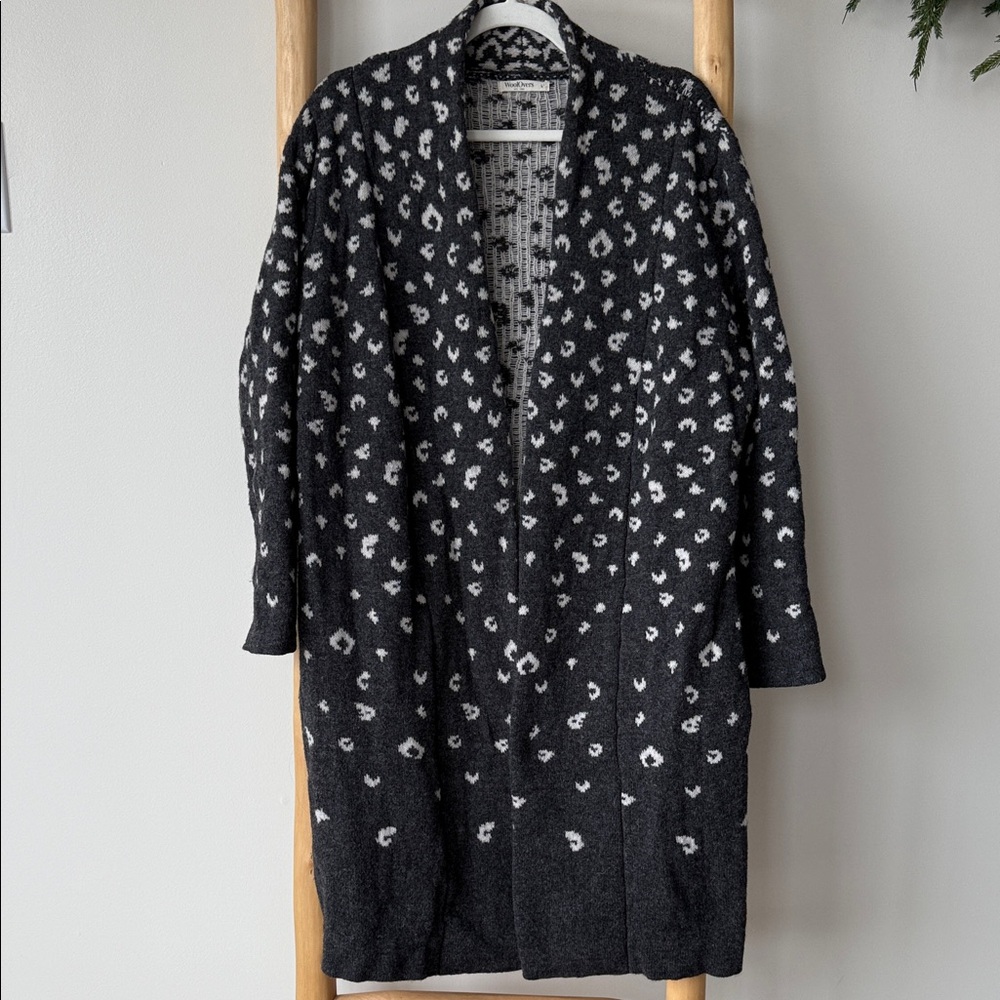 WoolOvers Leopard Print Pure New Wool Warm Cozy Open Front Cardigan Coatigan L